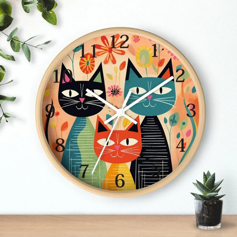 Retro Cat Clock, Vintage-Inspired Midcentury Feline Wall Clock